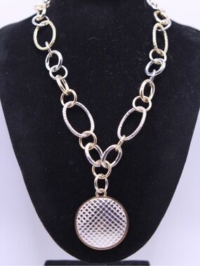 Gold and Silver Two-Tone Statement Necklace with Round Pendant